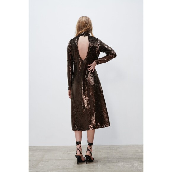 Brown Zara Sequin Cut Out Open Back Long Sleeve Knit Midi Dress (NWT) - Picture 2 of 12
